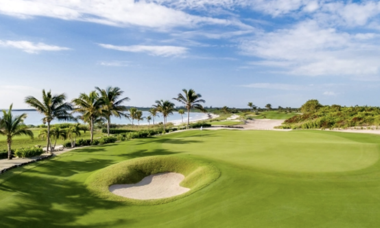 Experience the tranquil setting of the championship golf course at the Abaco Club, framed by palm trees and verdant shrubbery. 