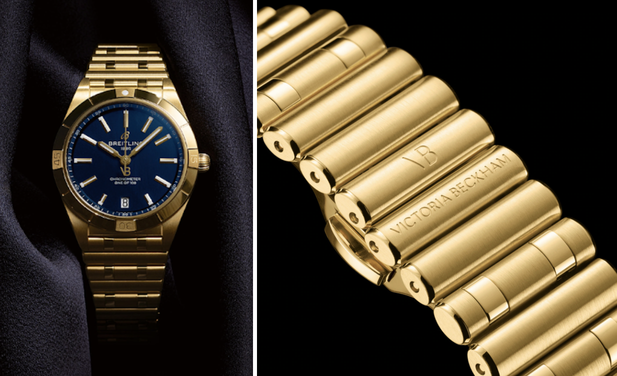 A refined yellow gold Breitling Chronomat 36 Victoria Beckham watch, featuring a sleek metal rouleaux bracelet and a dial in a fresh midnight blue color.